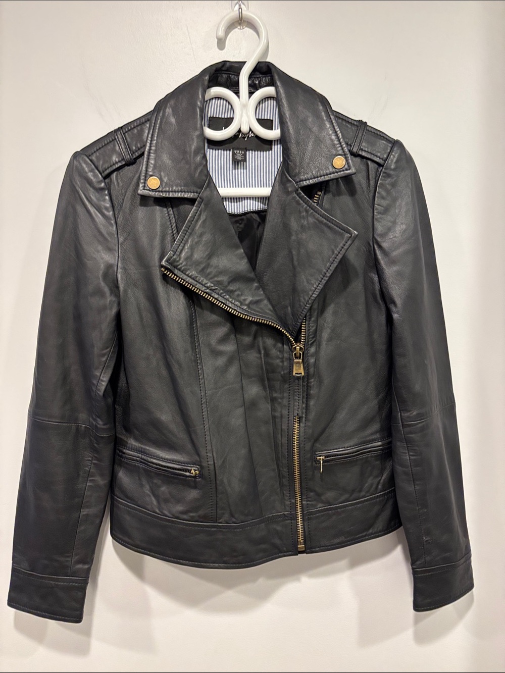 Lord & Taylor Black 100% Lambskin Leather Moto Jacket with Gold Hardware